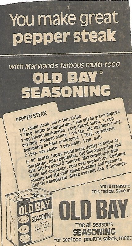 Old Newspaper Recipe cut out Old Bay and Pepper Steak EPH1