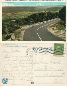 LINCOLN HIGHWAY McCONNELLSBURG VIEW FROM TUSCARORA SUMMIT 1929 VINTAGE POSTCARD