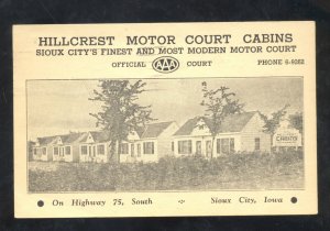 SIOUX CITY IOWA HILLCREST MOTOR COURT CABINS VINTAGE ADVERTISING POSTCARD
