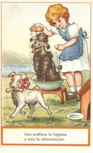 \Girl washing her dog\ Vintage Spanish postcard