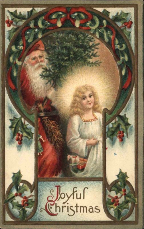 Christmas Santa Claus Cherub Holly Gilt Embossed c1900s-20s Postcard