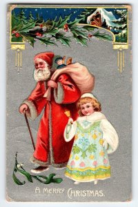 Santa Claus Christmas Postcard Old World Walking Stick Child Bell 1909 Germany