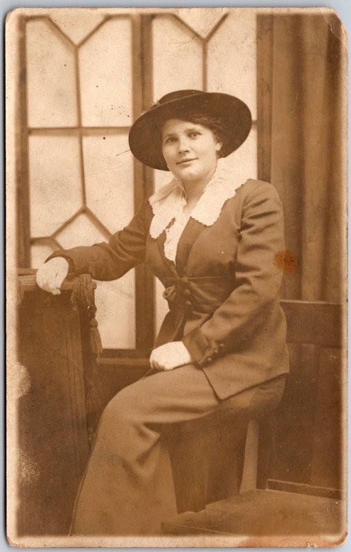Young Woman Wearing Dark Dress Hat Sitting Portrait Photo Vintage Postcard