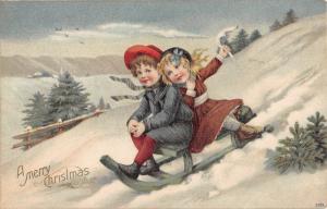 children sledding down hill christmas postcard german 7831 