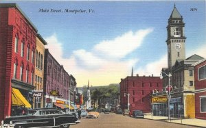Montpelier Vermont 1940s Postcard Main Street Coca Cola Clock Tower Cars