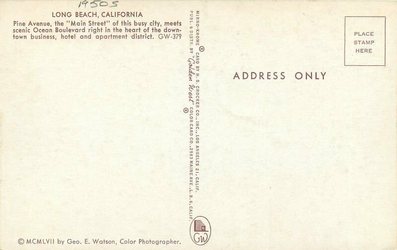 California Long Beach Pine Avenue Main 1950s Crocker Postcard autos 22-2254