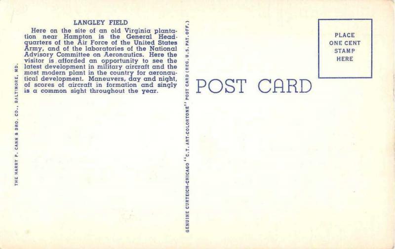 Langley Field Virginia Dodd Boulevard Linen Antique Postcard J49837