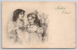 Easter Greetings Girl With Basket of Rabbits MM Vienne Sketch Style Postcard B40