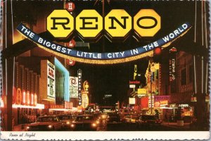 Postcard NV Reno arch - nighttime view Jan Peerce on marquee