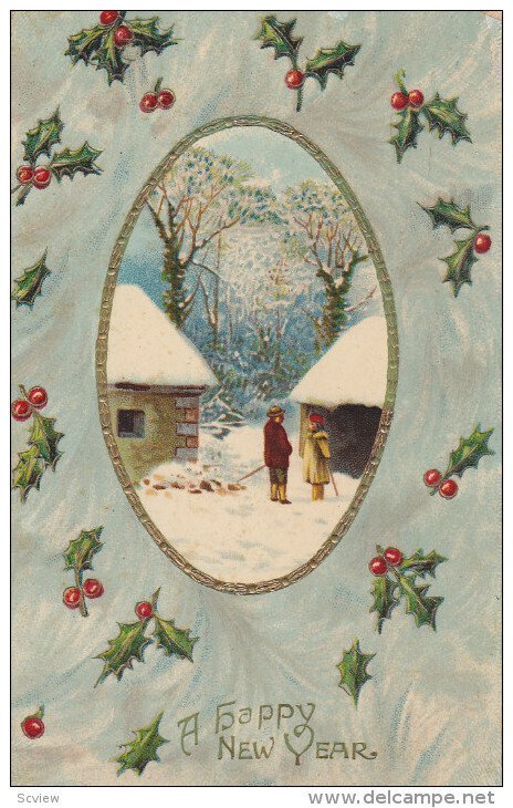 A Happy New Year,  Holly, Winter Scene, PU-1912