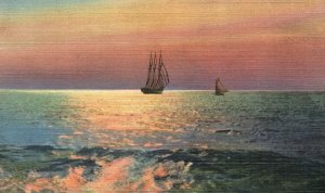 Vintage Postcard 1930's Beautiful Sunrise Ocean Sailboat Colorful Water View