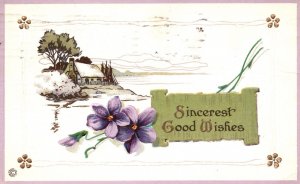 Vintage Postcard 1917 Sincerest Good Wishes Greeting Purple Flowers Country Home