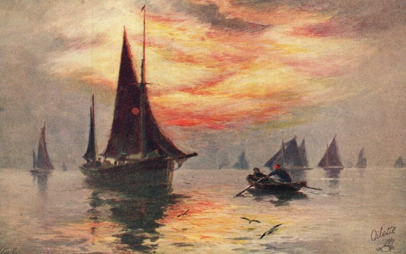 Vintage Postcard 1910s Fishing Smacks Row and Sailboats Raphael Tuck Oilette