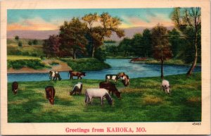 Postcard MO Kahoka - Greetings - NYCE Landscape Cows grazing by river