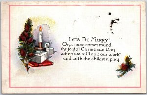 1923 Let's Be Merry! Christmas Tree With Box of Gift, Holiday Season, Postcard