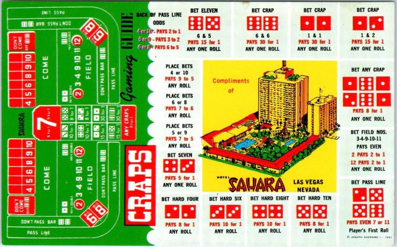 LAS VEGAS, NV Nevada SAHARA HOTEL & Casino  CRAPS Layout  c1950s    Postcard