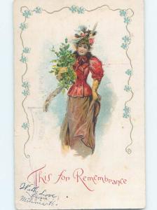 Pre-1907 art nouveau PRETTY GIRL COLLECTING CHRISTMAS HOLLY HL4204