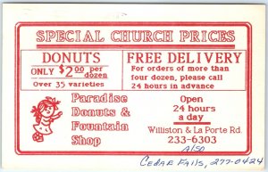 c1980s Waterloo, Iowa Paradise Donuts & Fountain Shop Advertising Postcard A118