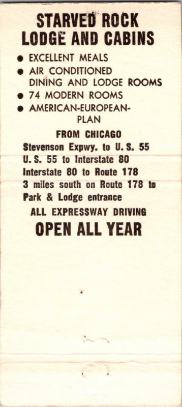 Vintage Matchbook Cover Starved Rock Lodge Utica, Illinois MB80