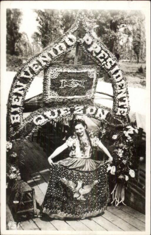 Beautiful Mexican Woman Decorative Dress on Boat Real Photo Postcard