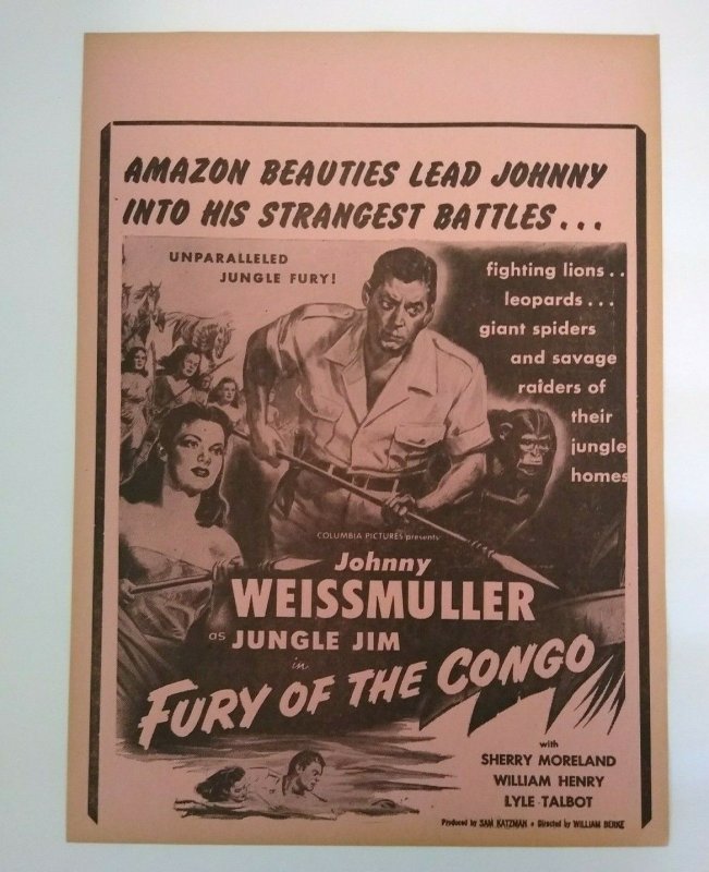 Jungle Jim Fury Of The Congo Johnny Weissmuller Movie Poster 1951 Vintage Amazon