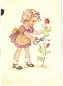 Little girl cutting a rose Lovely vintage  Swiss PC. Signed. Size 15 x 10,5 cm