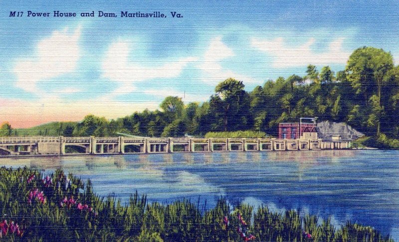 VINTAGE POSTCARD THE POWERHOUSE AND DAM AT MARTINSVILLE VIRGINIA c. 1940