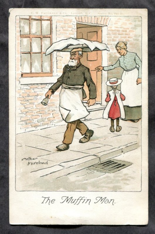 dc285 - Artist Signed ARTHUR MORELAND 1905 The Muffin Man Bakery Humor. Postcard