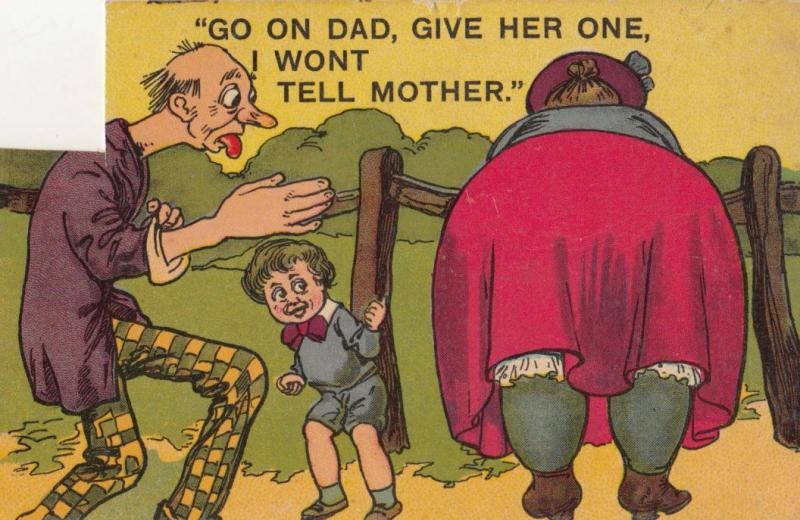 Give The Fat Lady One Dad Antique Comic Humour Postcard