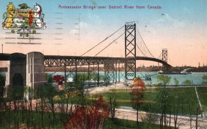 Vintage Postcard 1935 Ambassador Bridge over Detroit River from Canada CAN