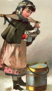 Victorian Christmas Trade Card, Young Girl Drum Pouring Milk A1