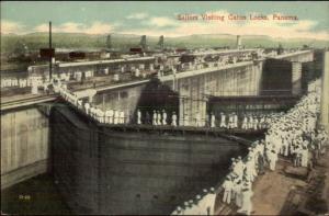 Panama Canal Sailors Visit Gatun Locks c1910 Postcard