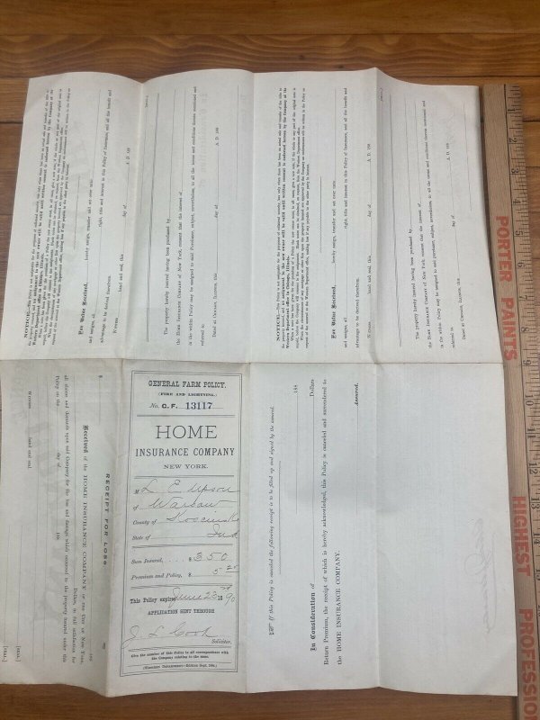Antique 1885 Home Insurance Company of New York Warsaw Indiana Contract