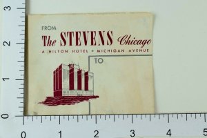 Poster Stamp Luggage Label Vintage The Stevens Chicago A Hilton Hotel E5