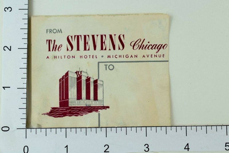 Poster Stamp Luggage Label Vintage The Stevens Chicago A Hilton Hotel E5