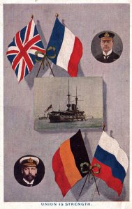 Royal Navy Battleship Britain Germany Flags Postcard c1910s 'Union Strength'