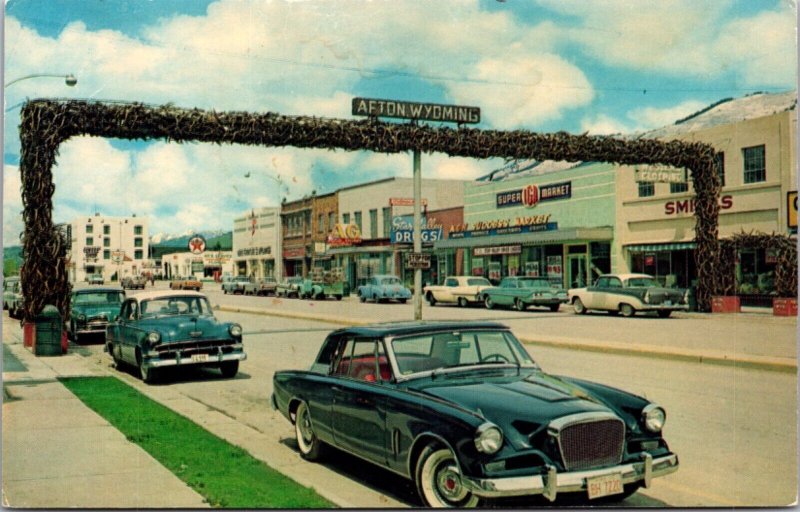 Postcard Elk Horn Arch over Washington Street in Downtown Aston, Wyoming