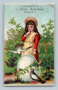 1870s 1880s Girl Doves Egg German Sweet Music Dealer Perry New York Trade Card
