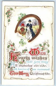 Christmas Postcard Horseshoe Holly Berries Embossed Sioux City Iowa IA 1912