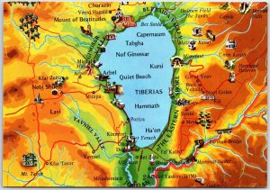 VINTAGE CONTINENTAL SIZE POSTCARD MAP MOUNT OF BEATITUDES AND LAKE GALILE ISRAEL