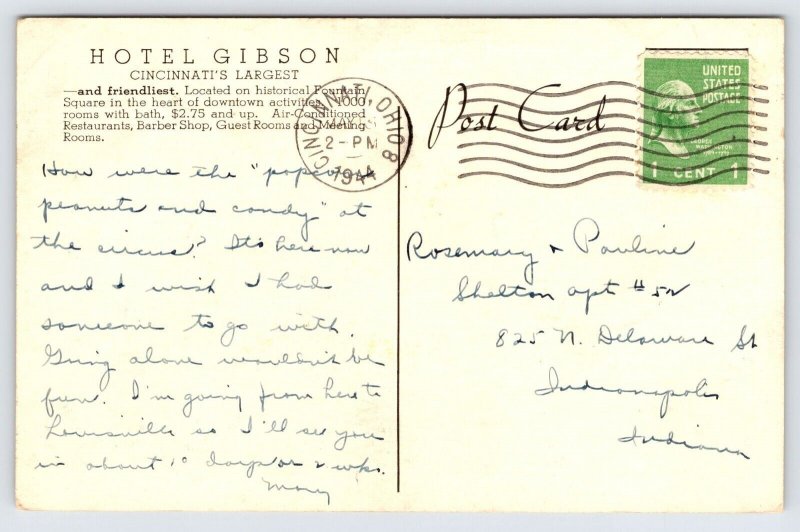 The Hotel Gibson, Downtown Cincinnati Ohio Postcard c1944  P1