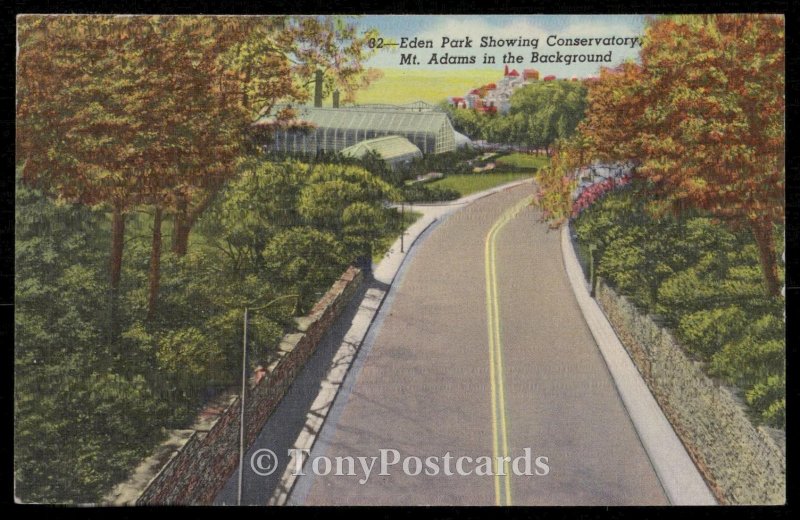 Eden Park showing Conservatory, Mt. Adams in the Background