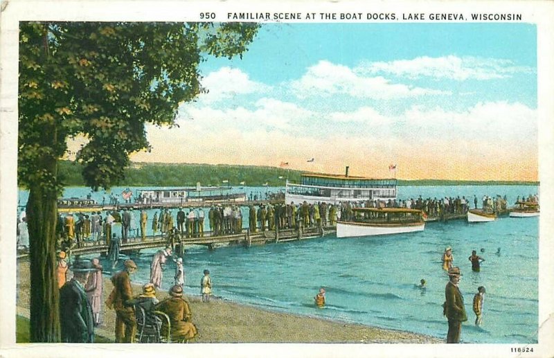 Lake Geneva, Wisconsin, Girl, Familiar Scene At Boat Docks, Steamer, Bishop 950