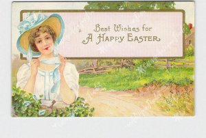 PPC POSTCARD BEST WISHES HAPPY EASTER GIRL IN BLUE BONNET EMBOSSED 