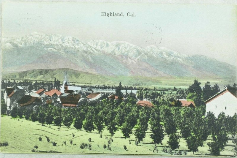 Bird Eye View, Highland, Cal. Hand Tinted Vintage Postcard P99