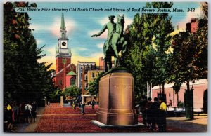 Vtg Boston Massachusetts MA Paul Revere Park Old North & Church Statue Postcard