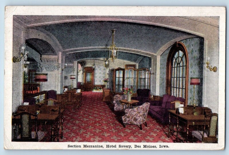 Des Moines Iowa IA Postcard Section Mezzanine Hotel Savery c1921 Vintage Antique