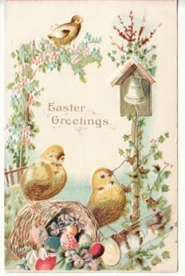 EASTER   BIRDS & BIRDHOUSE / DINNER BELL  postcard