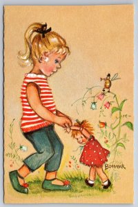 Artist Bonnie~Girl Dances With Doll~Bug Toots Horn~#562 Mainzer~1950s Belgium