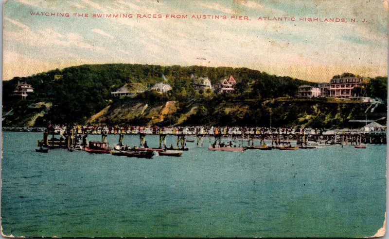 Vtg 1937 Swimming Races Austins Pier Atlantic Highlands New Jersey NJ Postcard